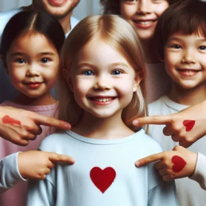 Criança sorridente em grupo de amigos representando sociabilidade sanguínea