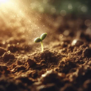 Uma semente brotando no meio de uma terra árida, com luz incidindo sobre ela
