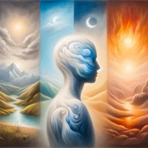 Uma pintura suave de uma figura humana diante de quatro paisagens distintas, simbolizando os climas da alma