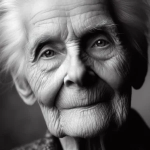 Retrato preto e branco de um ancião com expressão serena e olhos profundos