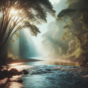 Um rio calmo atravessando uma floresta serena, com luz suave, representando acolhimento e espera