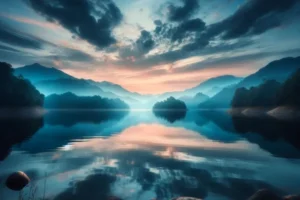 Lago calmo ao entardecer refletindo o céu, simbolizando a alma serena e profunda do