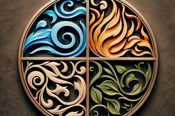 Representação em forma de emblema os 4 elementos da natureza: terra,agua, fogo e ar