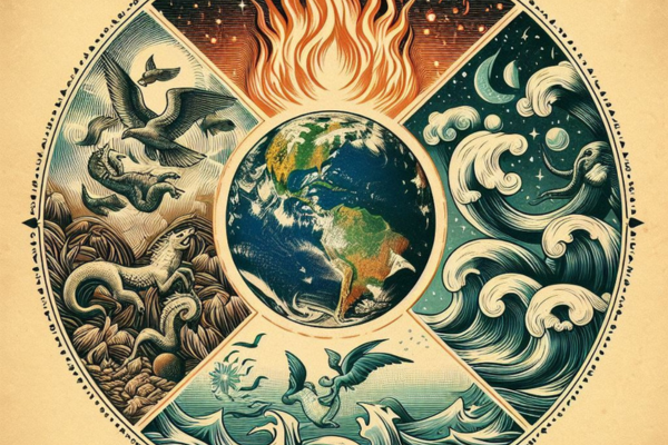 terra, agua, fogo e ar representos em elementos. arte vintage