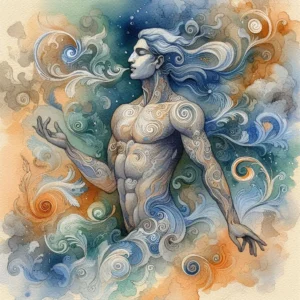 A figura de um homem representando o elemento ar em aquarela