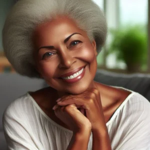 Retrato de uma idosa sorridente em ambiente sereno, simbolizando leveza madura e afeto